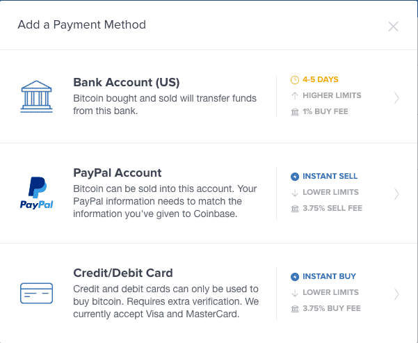 Opción de crédito / débito de Coinbase